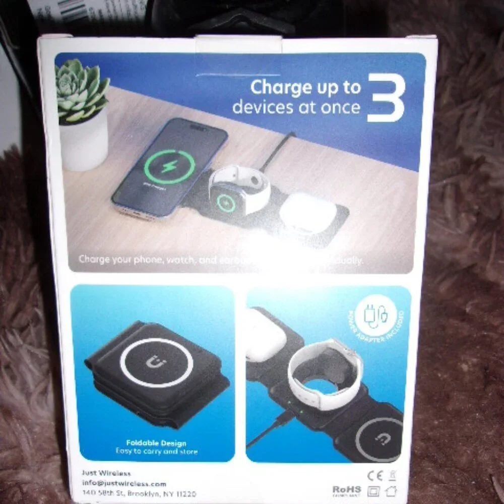 Just Wireless -  3-in-1 Portable Magnetic Wireless Charger Black New